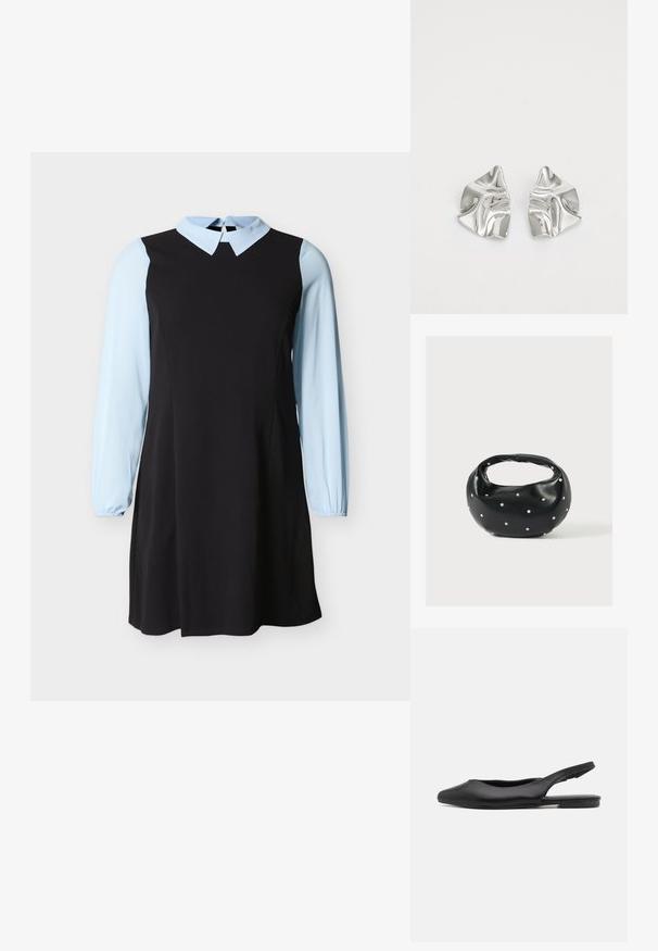 Zwarte jurk met lichtblauwe lange mouwen en kraag, voorzien van een knoopsluiting met sleutelgat aan de achterzijde van de halslijn.; Zwarte leren slingback schoen met een spitse neus, platte hak en gebogen uitsnijdingen. Glad textuur en minimalistische stijl.; Zwarte leren handtas met een afgeronde vorm, versierd met zilveren studs, en een korte handgreep. Gladde textuur en ritsluiting.; Zilveren metalen oorbellen met een golvend, sculpturaal ontwerp, voorzien van een gepolijste afwerking en onregelmatige vormen, die een hedendaagse esthetiek benadrukken.