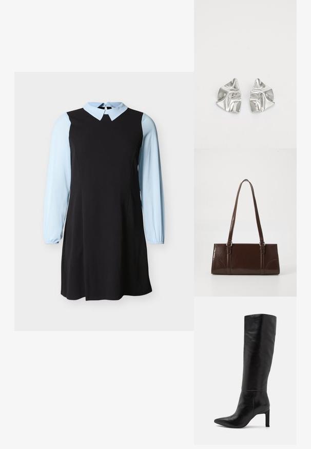 Robe noire avec manches longues et col bleu clair, dotée d'une fermeture à bouton en trou clé à l'arrière du col.; Bottes noires en cuir à talons aiguilles, montant jusqu'au genou, avec une pointe fine et une texture lisse. Le talon est de style bloc, ajoutant de la stabilité au design.; Sac à main en cuir verni marron de forme rectangulaire, avec deux longues poignées et des accents courbés subtils à l'avant.; Boucles d'oreilles en métal argenté avec un design ondulé et sculptural, présentant une finition polie et des formes irrégulières, mettant en valeur une esthétique contemporaine.