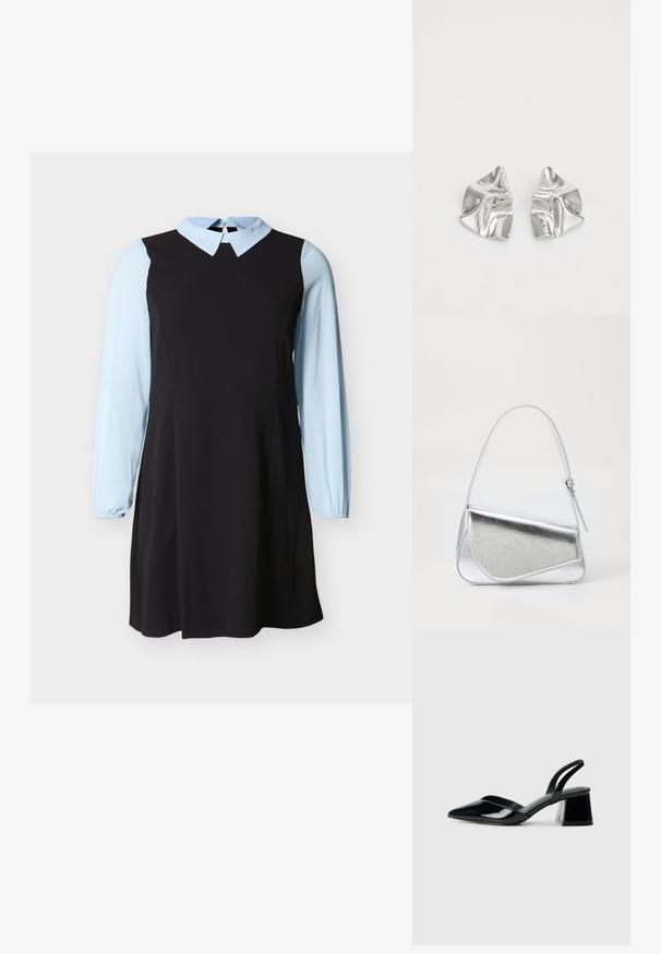 Schwarzes Kleid mit hellblauen langen Ärmeln und Kragen, mit einem Schlüsselloch-Knopfschluss am hinteren Ausschnitt.; Schwarze Lackleder-Slingback-High Heels mit spitzem Schuh und einem geometrischen Blockabsatz. Verfügt über ein schlankes, minimalistisches Design und eine glatte Textur.; Silberfarbene metallische Handtasche mit dreieckiger Form, glatter Textur und einem dünnen, verstellbaren Schultergurt. Sie verfügt über ein umklappbares Design mit Nähten.; Silberne Metallohrringe mit einem wellenförmigen, skulpturalen Design, das eine polierte Oberfläche und unregelmäßige Formen aufweist, die eine zeitgenössische Ästhetik betonen.