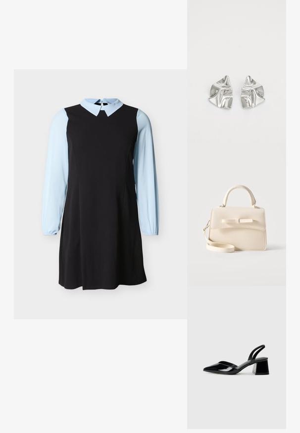 Vestido negro con mangas largas y cuello en azul claro, con cierre de botón en forma de ojo de cerradura en la parte trasera del escote.; Zapatos de tacón slingback de charol negro con punta afilada y tacón geométrico en bloque. Presentan un diseño elegante y minimalista, así como una textura suave.; Pequeño bolso beige con asa superior, correa desmontable, solapa frontal y lazo decorativo horizontal sobre un fondo liso.; Pendientes de metal plateado con un diseño ondulado y escultórico, que presentan un acabado pulido y formas irregulares, destacando una estética contemporánea.