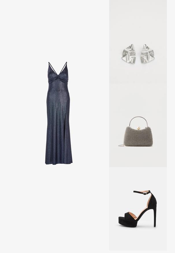Langes, marineblaues ärmelloses Kleid mit schimmerndem Finish. Verfügt über eine geraffte Brustpartie und einen seitlichen Schlitz für Bewegungsfreiheit. Metallische Akzente im Stoff.; Schwarze Wildleder-Peeptoe-Sandale mit hoch gelegener Plateausohle, Knöchelriemen mit silberner Hardware, offenem Zehenbereich und glatter Textur.; Kleine Handtasche mit silbernem Gittermuster, gebogenem Griff, großem Perlenverschluss und einem dünnen silbernen Kettenriemen auf schlichtem Hintergrund.; Silberne Metallohrringe mit einem wellenförmigen, skulpturalen Design, das eine polierte Oberfläche und unregelmäßige Formen aufweist, die eine zeitgenössische Ästhetik betonen.