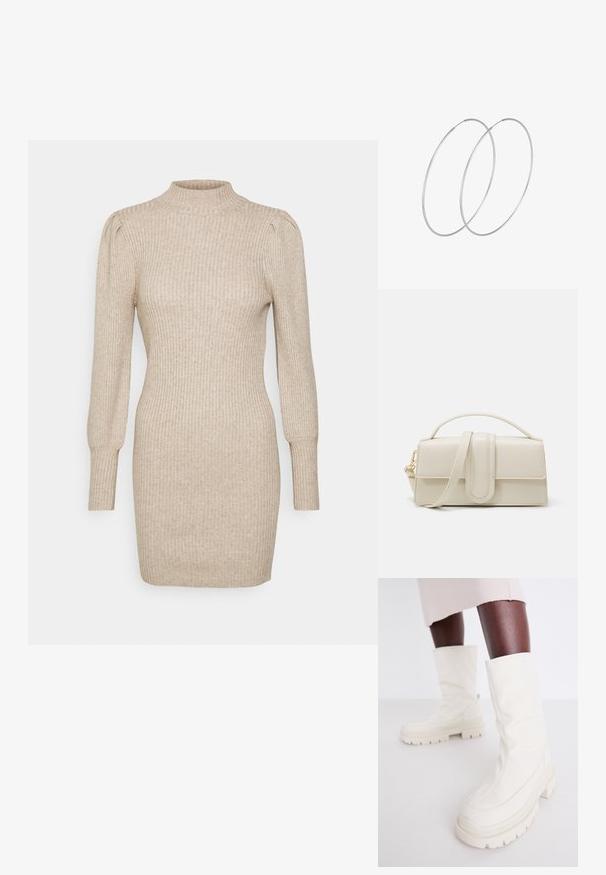 Beige geribbelde gebreide jurk met een hoge halslijn, lange pofmouwen en een getailleerd silhouet, met een textuurfinish door het hele ontwerp.; Witte enkelboots met een zachte, gestructureerde afwerking, voorzien van een robuuste rubberen zool en een sculpturale vorm voor een modern ontwerp.; Crème-kleurige leren handtas met een rechthoekige vorm, platte handgreep en afneembare schouderband; heeft een voorklep met een magnetische sluiting.; Zilveren hoepel oorbellen met een minimalistisch ontwerp. Cirkelvormig, gladde textuur en dun profiel. Lichtgewicht met een gepolijste afwerking.