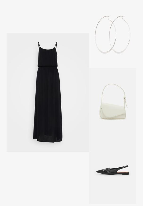 Zwarte maxi-jurk met dunne spaghettibandjes, gerimpelde taille en vloeiende rok van lichtgewicht stof. Gladde textuur zonder patronen.; Zwarte leren slingback ballerina met spitse neus, voorzien van twee horizontale bandjes en vierkante zilveren gespen, lage hak en een gladde textuur.; Witte nepleren handtas met een gestructureerde driehoekige vorm, een enkele verstelbare schouderriem en een klep met ronde accenten.; Zilveren oorringen met een dun, glad ontwerp; langwerpige ovale vorm; gepolijste afwerking; voorzien van een veilige haaksluiting.
