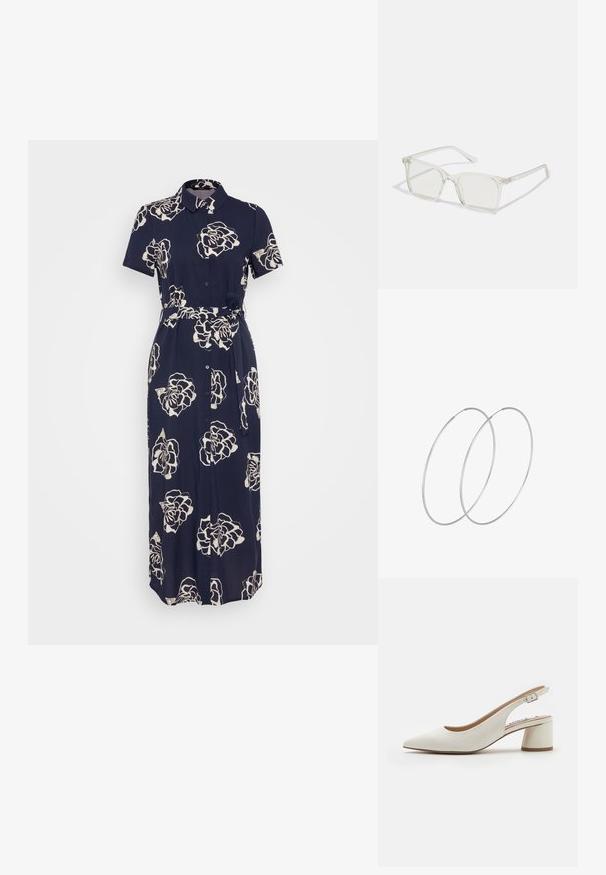 Mørkeblå skjortekjole med et blomstermønster i creme. Har korte ærmer, krave, knaplukning foran og en matchende bælte i taljen.; Hvide læder slingback pumps med spids tå, mellemhøj blokhæl og justerbar rem. Glat tekstur; minimalistisk design.; Klare plastiske briller med firkantet ramme og gennemsigtige linser, der har guld accenter på tempelstængerne for ekstra detaljer.; Sølvøreringe med et minimalistisk design. Cirkulær form, glat tekstur og tynd profil. Letvægtige med en poleret overflade.