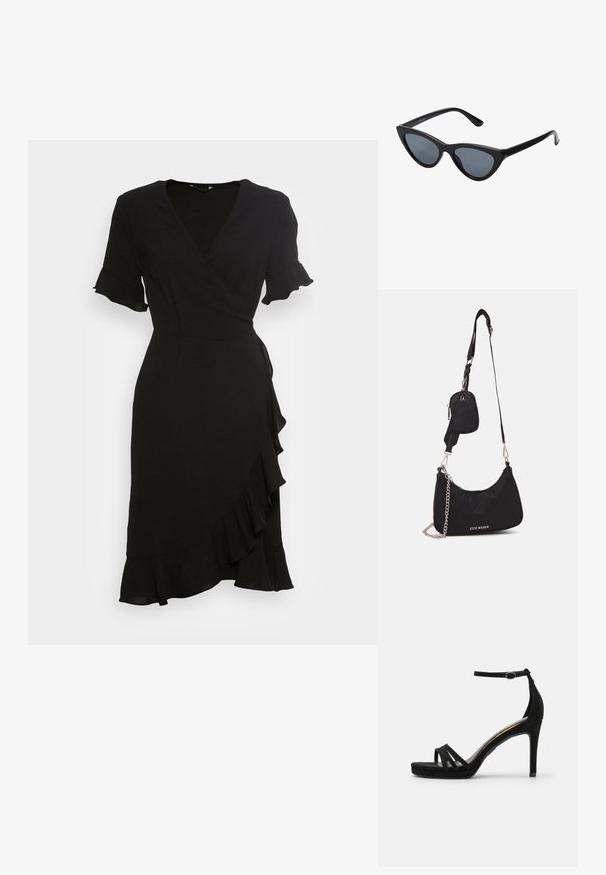 ONLY ONLMETTE WRAP FRILL DRESS - Φόρεμα ημέρας - black; Μαύρη σουέντ υψηλή σανδάλι με ανοιχτό σημείο, διαθέτει τρεις στενές λωρίδες μπροστά και ρυθμιζόμενο λουρί στον αστράγαλο.; Μαύρα γυαλιά ηλίου cat-eye με σκούρους γκρίζους φακούς, κομψό πλαστικό σκελετό, μυτερές γωνίες και ίσιους βραχίονες. Χωρίς ορατό υλικό ή διακοσμητικά στοιχεία.; Μαύρη νάιλον τσάντα ώμου με καμπύλο σχήμα, ασημένια αλυσίδα, αποσπώμενη μίνι θήκη και ρυθμιζόμενο λουράκι; φέρει το λογότυπο "Steve Madden".