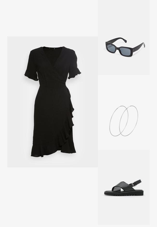 ONLY ONLMETTE WRAP FRILL DRESS - Jurk - black; Zwarte leren sandalen met een kruisbandontwerp, verstelbare gesp en een gestructureerde zool met ribbels voor grip.; Zwarte rechthoekige zonnebril met donkere getinte lenzen, een dik plastic montuur en brede scharnieren. Glad oppervlak en hoekig ontwerp.; Zilveren hoepel oorbellen met een minimalistisch ontwerp. Cirkelvormig, gladde textuur en dun profiel. Lichtgewicht met een gepolijste afwerking.
