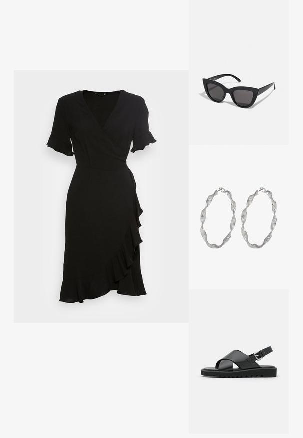 ONLY ONLMETTE WRAP FRILL DRESS - Vestido informal - black; Sandalias de cuero negras con diseño de tiras cruzadas, hebilla ajustable y suela texturizada con estrías para un mejor agarre.; Gafas de sol negras en forma de ojo de gato con un acabado mate, que presentan lentes ahumados grises, ángulos pronunciados y brazos laterales elegantes. Nombre de la marca visible en el interior del brazo.; Pendientes de aro de plata con un diseño retorcido, que presentan una superficie texturizada y un cierre seguro. Ligeros y reflectantes con un acabado elegante.