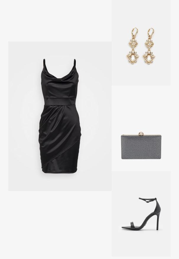 WAL G PETITE MINI DRESS - Robe de jour - black; Sandales noires à talons hauts avec un orteil ouvert, des fines lanières et une boucle à la cheville. Texture en cuir lisse avec un design de forme pointue.; Pochette rectangulaire noire recouverte de petits strass, avec un fermoir doré orné de détails décoratifs sur le dessus.; Boucles d'oreilles pendantes dorées présentant un design en grappe avec des cristaux clairs ronds et en forme de goutte, mettant en valeur des détails élaborés.