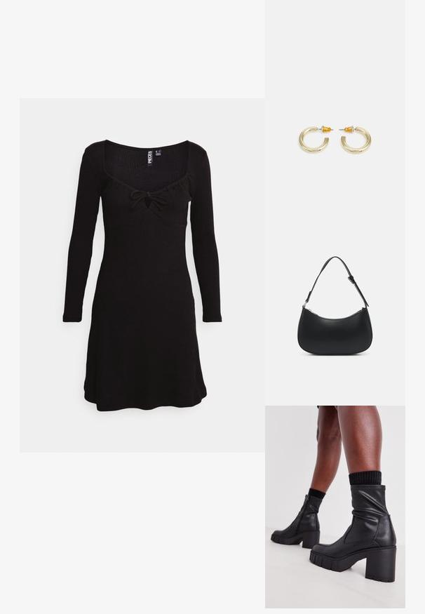 Pieces Petite PCTEGAN TIE DRESS - Strickkleid - black; Schwarze Lederstiefeletten mit einem lässigen Design, klobigem hohen Absatz und strukturiertem Gummisohle. Mit einem Reißverschluss an der Seite.; Pieces PCALUANA SHOULDER BAG - Handtasche - black; Goldfarbene Creolen mit einer glatten, abgerundeten Form und einer polierten Oberfläche. Mit orangefarbenen Akzenten auf der Rückseite für sicheren Halt.