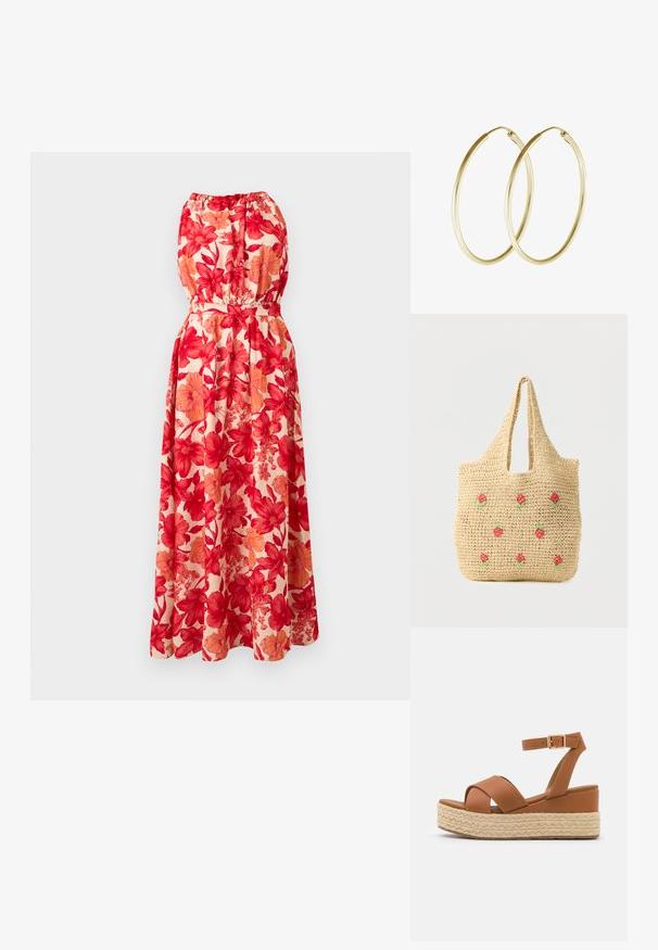 Maxikjole uden stropper med figursyet talje, prydet med modigt rødt og orange blomstermønster på en lys beige baggrund.; Brune platform-sandaler med en vævet jute-base, brede krydsseler og en ankelrem med en guldbuckle. Glat lædertekstur.; Beige vævet mulepose med korte håndtag, dekoreret med små røde og grønne broderede blomster fordelt over fronten.; Guld hoops øreringe med et glat, rundt design og en blank finish. Letvægts konstruktion med en sikker låsemekanisme.