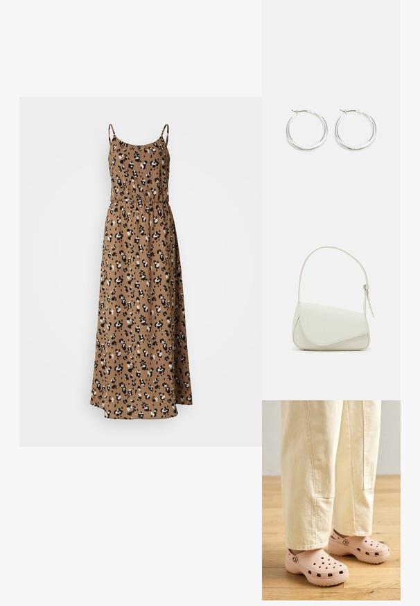Maxikleid aus braunem Stoff mit Leopardenmuster, dünnen Trägern, elastischem Taillenbund und fließender Silhouette.; Helle rosa Clogs aus Gummi, mit Belüftungslöchern, einer konturierten Form und einer strukturierten Sohle für Halt. Getragen mit hellbeigen Hosen.; Weiße Kunstleder-Handtasche mit einer strukturierten dreieckigen Form, einem verstellbaren Einzelgurt und einem Klappenverschluss mit geschwungenen Akzenten.; Silberne Creolen zeichnen sich durch ein glattes, rundes Design mit einem schlanken Profil und einem sicheren Verschluss aus. Minimalistischer Stil mit glänzender Oberfläche.