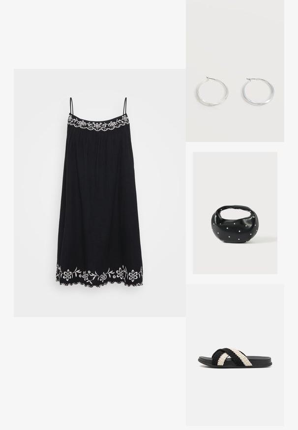 Vestido negro sin mangas con un escote y dobladillo bordados en flor, con una forma fluida y bordes ondulados, hecho de una tela ligera.; Sandal de tira plana de caucho, tejido en negro y crema, con dos tiras trenzadas cruzadas hechas de un material suave y texturizado.; Bolso de mano de cuero negro con forma redondeada, decorado con detalles de tachuelas plateadas y un asa corta. Textura lisa y cierre con cremallera.; Pendientes de aro de metal plateado con superficie lisa y ligeramente curvada y cierre de tipo mosquetón sobre un fondo blanco liso.