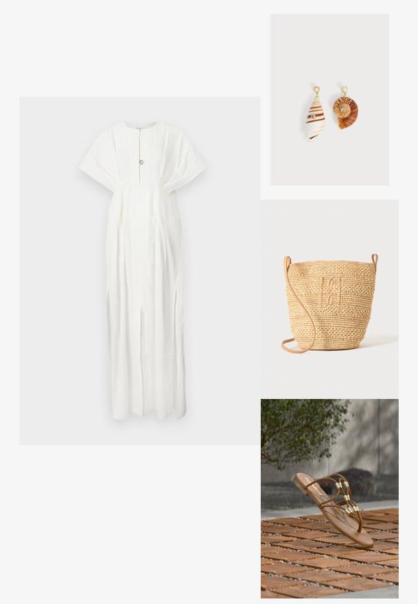 Rodebjer KIMBERLY - Robe longue - white; Sandale plate marron avec des fines lanières et des accents dorés reposant sur une surface texturée en bois et pierre en plein air.; Sac seau en paille tressée avec motif texturé et bandoulière en cuir, présenté debout sur un fond clair uni.; Boucles d'oreilles asymétriques avec pendentifs en coquillages, clous dorés avec dessus en perle et petites pierres précieuses transparentes incrustées sur chaque coquillage.