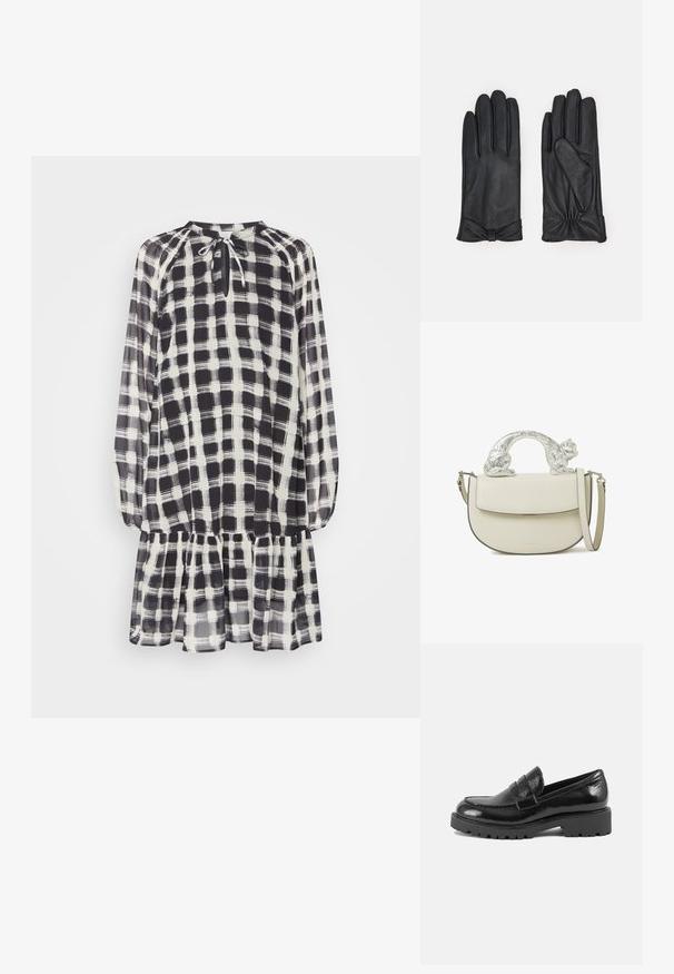 Kaffe LABBI DRESS - Robe de jour - black/broken white; Mocassin en cuir verni noir avec un bout structuré, une sangle décorative sur le devant, et une semelle épaisse et robuste. Fini lisse et brillant.; Sac bandoulière en cuir crème avec rabat et une poignée en forme de chat argentée arquée sur le dessus, doté d'une bandoulière ajustable.; Anna Field LEATHER - Gants - black
