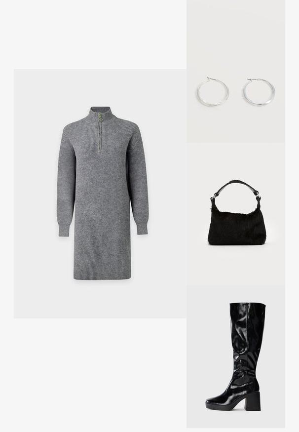 Robe en maille côtelée grise à manches longues, longueur genou, avec demi-fermeture éclair devant sur un col montant, présentée sur un fond uni.; Botte noire, montée jusqu'au genou, en cuir verni brillant ; dotée d'un talon carré structuré et d'un bout arrondi. Design simpliste et élégant.; Sac à main en fausse fourrure noire avec une texture douce, une forme arrondie et une bandoulière en cuir noir robuste. Accent en métal argenté visible.; Boucles d’oreilles créoles en métal argenté avec une surface lisse légèrement incurvée et des fermoirs à clapet sur un fond blanc uni.