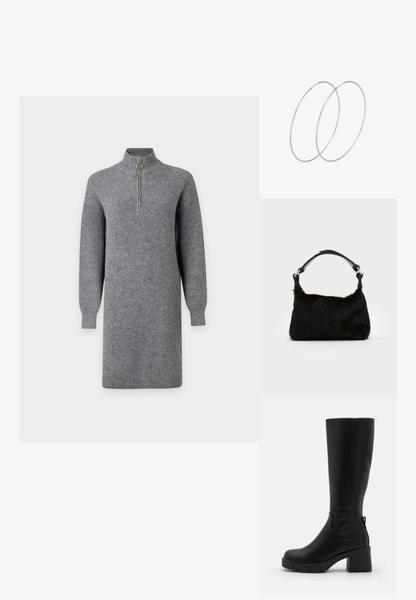 Grijze geribde gebreide jurk met lange mouwen, knielengte en een halve rits aan de voorkant op een hoge kraag, getoond tegen een effen achtergrond.; Even&Odd by Zalando Plateaulaarzen - black; Zwarte neplederen handtas met een zachte textuur, ronde vorm en een stevige zwartleren schouderband. Zilveren hardwareaccenten zichtbaar.; Zilveren hoepel oorbellen met een minimalistisch ontwerp. Cirkelvormig, gladde textuur en dun profiel. Lichtgewicht met een gepolijste afwerking.