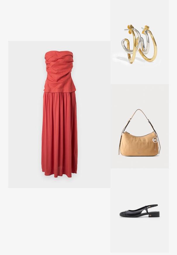 Lange koraalroze strapless jurk met geplooide lijfje en vloeiende, geplooide rok, getoond tegen een effen lichte achtergrond.; Zwarte leren slingback schoen met een ronde neus, lage blokhak en een zijkant uitsnedeontwerp met een gouden accent.; Schoudertas van cognackleurig leer met verstelbare riem, zilveren rits en een ronde metalen MK-logo bedel die aan de zijkant hangt.; Gouden en zilveren met elkaar verweven hoop oorbellen met een zachte, glanzende afwerking; voorzien van een stekker achterzijde voor een veilige pasvorm.