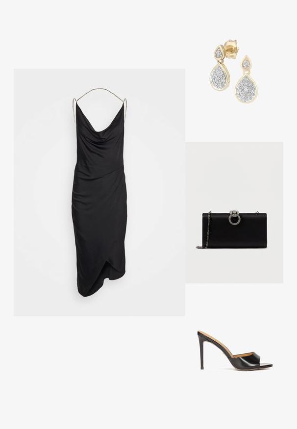 Et Ochs ILA CHAIN COWL NECK MIDI DRESS - Cocktailkjole / festkjole - black; Sorte open-toe hæle mules med en blank læderfinish, taperet blokhæl og et glat buet bånd over vristen.; Sort satin clutch taske med en sølvfarvet, cirkulær lukning prydet med rhinsten, har en aftagelig kædedesign.; Dråbeøreringe med en guldramme og sølvdetaljer, prydet med flere små, runde glitrende sten i et dekorativt mønster.