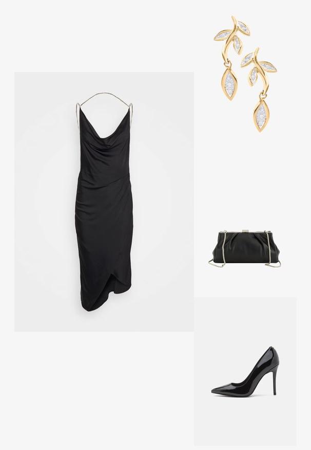 Et Ochs ILA CHAIN COWL NECK MIDI DRESS - Vestido de cóctel - black; Zapato de tacón alto de charol negro con punta afilada y textura suave, con un delgado tacón de aguja. Sin adornos visibles.; Bolso de mano de cuero negro suave con marco de metal plateado y correa de cadena plateada desmontable sobre fondo blanco.; DIAMANT L'ÉTERNEL Pendientes - gold coloured
