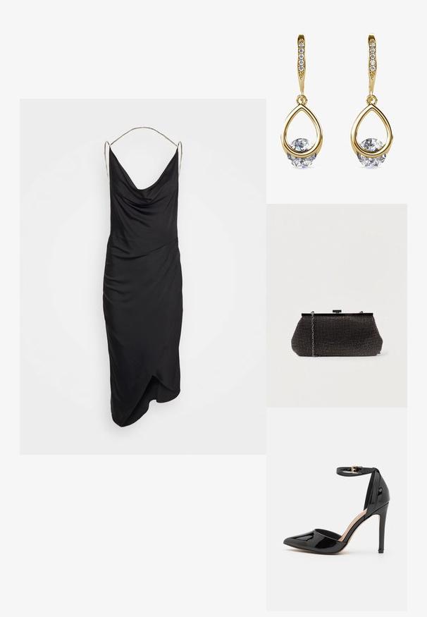 Et Ochs ILA CHAIN COWL NECK MIDI DRESS - Cocktailjurk - black; Zwarte gepatineerde leren hoge hak met een spitse neus, enkelbandje en slanke stilettohle. Gladde textuur met een glanzende afwerking.; Zwarte mesh clutchbag met een gestructureerde silhouette, versierd met kleine metalen studs, heeft een sluiting met een klapmechanisme en een afneembare kettingriem.; Gouden druppeloorbellen met ronde, heldere edelstenen aan de basis. Gelaagd bovenstuk met kleine, ronde accenten langs de ring.