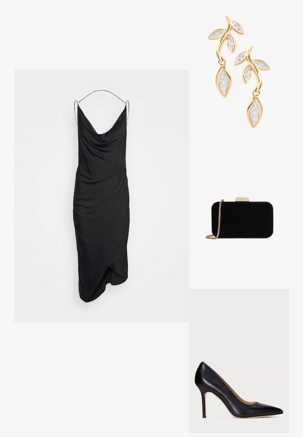 Et Ochs ILA CHAIN COWL NECK MIDI DRESS - Vestido de cóctel - black; Zapato de tacón alto de cuero negro con punta afilada y tacón de stiletto delgado. La textura suave y el mínimo detalle crean un diseño clásico.; Clutch de terciopelo negro con herrajes en tono dorado, de forma rectangular y con correa de cadena, que presenta una textura suave y sin patrones visibles.; DIAMANT L'ÉTERNEL Pendientes - gold coloured