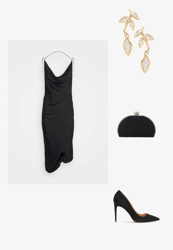 Et Ochs ILA CHAIN COWL NECK MIDI DRESS - Cocktailkleid/festliches Kleid - black; Schwarze Wildleder-Pumps mit hohen Absätzen und spitzem Zehenbereich, glatter Oberfläche und eleganter Silhouette. Sie verfügen über einen schlanken Stiletto-Absatz und offene Seiten.; Schwarze Abend-Clutch mit strukturiertem Stoff, eingefasst von einer Reihe kleiner Perlen und einem großen Perlenverschluss oben.; DIAMANT L'ÉTERNEL Ohrringe - gold coloured