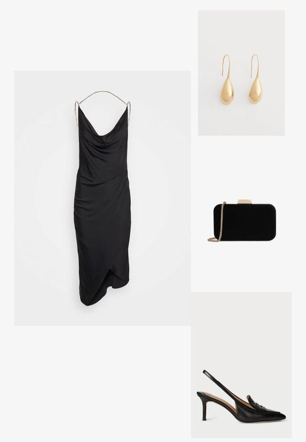 Et Ochs ILA CHAIN COWL NECK MIDI DRESS - Cocktail φόρεμα / Φόρεμα για πάρτι - black; Μαύρη δερμάτινη γόβα slingback με μυτερή μύτη, χαμηλό τακούνι και διακοσμητική λουρίδα στον άνω μέρος του ποδιού. Απαλή υφή και μινιμαλιστικός σχεδιασμός.; Μαύρη βελούδινη τσάντα χερούλι με χρυσές λεπτομέρειες, ορθογώνιο σχήμα και αλυσίδα, με λεία υφή και χωρίς ορατά σχέδια.; Ζευγάρι λαμπερά χρυσά σκουλαρίκια σε σχήμα σταγόνας με αγκίστρια σε απλό ανοιχτό γκρι φόντο.