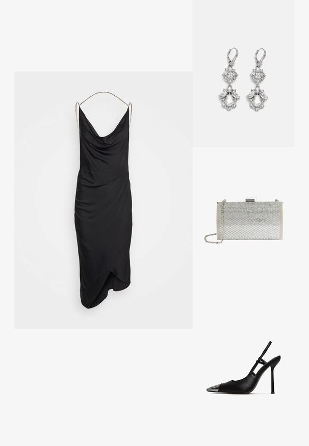 Et Ochs ILA CHAIN COWL NECK MIDI DRESS - Cocktailkjole / festkjole - black; Sorte slingback pumper med spids tå og skinnende metallisk kappe. Har en høj stilettohæl og slank ankelrem. Glat lædertekstur.; Rektangulær sølv clutchtaske med vævet mønster, metalspænde og tynd kæderem.; Sølvfarvede øreringe med flere klare krystalgemstones i dråbe- og marquiseformer, med låse med bøjlestik og detaljeret udsmykning.