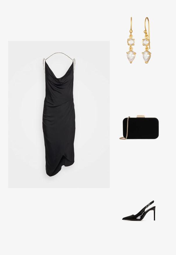 Et Ochs ILA CHAIN COWL NECK MIDI DRESS - Cocktailkjole / festkjole - black; Sort patentlæder slingback hæl med spids tå og stiletto hæl. Har et udsnit design og justerbar rem med metalhardware.; Sort velour clutch med guldfarvede detaljer, rektangulær form og kædestrop, der har en glat tekstur og ingen synlige mønstre.; Guldtonede øreringe med en pæreformet krystal der hænger under en mindre rund krystal, begge sat i et krone-design.