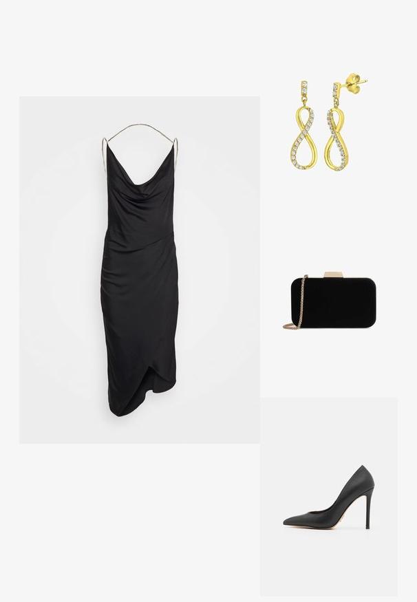 Et Ochs ILA CHAIN COWL NECK MIDI DRESS - Kokteilikleit/peokleit - black; Must have kõrge kontsaga must king, mis on valmistatud sileda nahaga, terava varbaga, peene stilettokontsaga ja diskreetse kuldse aktsendiga kontsa lähedal.; Mustvalgest sametist kott kuldtooni detailidega, ristküliku kujuga ja kettstrapiga, omades siledat tekstuuri ega nähtavaid mustreid.; Kuldtooniga kõrvarõngad, mis on kujundatud stiliseeritud igaviku sümbolina, kaunistatud selgete, ümmarguste sapphiritega äärtes. Tagumine kinnitamine.
