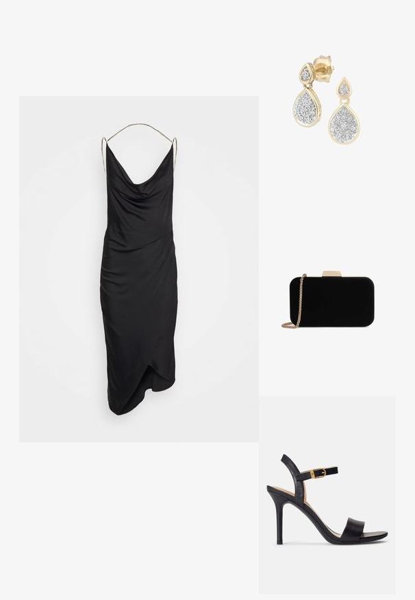 Et Ochs ILA CHAIN COWL NECK MIDI DRESS - Kokteilikleit/peokleit - black; Mustad kõrged kontsad mustades sandaalides, millel on siledast nahast pealsed, avatud varvas ja üks rihm koos kuldse pandlaga.; Mustvalgest sametist kott kuldtooni detailidega, ristküliku kujuga ja kettstrapiga, omades siledat tekstuuri ega nähtavaid mustreid.; Teardrop-kujulised kõrvarõngad, millel on kuldne raam hõbedaste detailidega, kaunistatud mitmete väikeste ümmarguste sädelevalt kividega dekoratiivses koosseisus.
