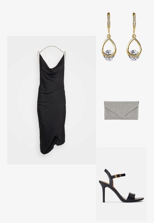 Et Ochs ILA CHAIN COWL NECK MIDI DRESS - Cocktailkleid/festliches Kleid - black; Schwarze Sandalen mit hohen Absätzen und glattem Leder-Obermaterial, offene Zehenpartie und einem Design mit einem einzigen Riemen, verziert mit einer goldenen Schnalle.; Silberne Clutch mit strukturierter, genoppter Oberfläche. Verfügt über ein Umschlagdesign mit schrägem Klappenverschluss und kontrastierendem schwarzen Rand.; Goldene Tropfenohrringe mit runden, klaren Edelsteinen an der Basis. Texturierter Oberbereich mit kleinen, runden Akzenten entlang des Creolen.