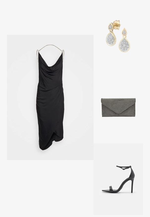 Et Ochs ILA CHAIN COWL NECK MIDI DRESS - Koktailové šaty/večierkové šaty - black; Čierne sandále na vysokom podpätku s otvorenou špičkou, tenkými remienkami a prackou na členku. Hladká kožená textúra s dizajnom so špicatou špičkou.; Čierna látková kabelka s textúrovaným bodkovaným vzorom a krytom vo forme obálky, s elegantným obdĺžnikovým tvarom a bez viditeľného hardvéru.; Náušnice v tvare kvapky so zlatým rámom a striebornými akcentmi, zdobené množstvom malých, okrúhlych trblietavých kamienkov v dekoratívnom usporiadaní.