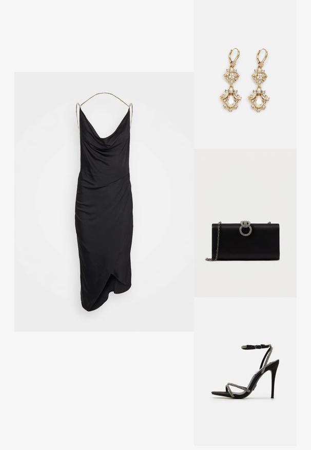 Et Ochs ILA CHAIN COWL NECK MIDI DRESS - Cocktail φόρεμα / Φόρεμα για πάρτι - black; Μαύρη ψηλή σαγιονάρα με λεπτές, διακοσμημένες λωρίδες και κούμπωμα στον αστράγαλο. Σουέτ ύφασμα, ανοιχτή μύτη και κομψή, μυτερή σιλουέτα.; Μαύρη σατινένια τσάντα χεριού με ασημί στρογγυλή κλείσιμο διακοσμημένο με κρύσταλλα, διαθέτει αποσπώμενη αλυσίδα.; Κρεμαστά σκουλαρίκια σε χρυσό τόνο με σχέδιο σμήνους, που διαθέτουν στρογγυρους και σταγόνες από διάφανα κρύσταλλα, επιδεικνύοντας περίπλοκες λεπτομέρειες.