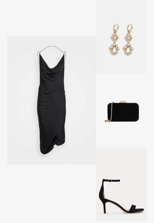 Et Ochs ILA CHAIN COWL NECK MIDI DRESS - Koktailové šaty/večierkové šaty - black; Čierna semišová sandála na vysokom podpätku s úzkym remienkom na členku a zlatou prackou, otvorenou špičkou a miernym podpätkom na jednoduchom bielom pozadí.; Čierna zamatová listová taška so zlatým kovovým doplnkom, obdĺžnikový tvar a reťazový popruh, s hladkou textúrou a bez viditeľných vzorov.; Zlaté visiace náušnice s dizajnom zhlukovania, obsahujúce okrúhle a slzovité priehľadné kryštály, ktoré predvádzajú precízne detaily.