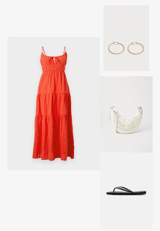 Robe maxi en tissu orange vif, avec des bretelles fines, un détail de nouage à l'avant et des volants superposés. Mélange de coton léger et texturé.; Tongs noires avec semelle plate, présentant des fines brides et un matelas de pied texturé. Petit accent de logo sur la bride. Design simple et minimal.; Sac à épaule en simili cuir blanc vegan avec un design circulaire perforé, une bandoulière réglable et un logo gravé à l'avant. Fermeture éclair en haut.; Paire de boucles d'oreilles créoles en or de taille moyenne avec un design texturé et perlé sur un fond clair uni.