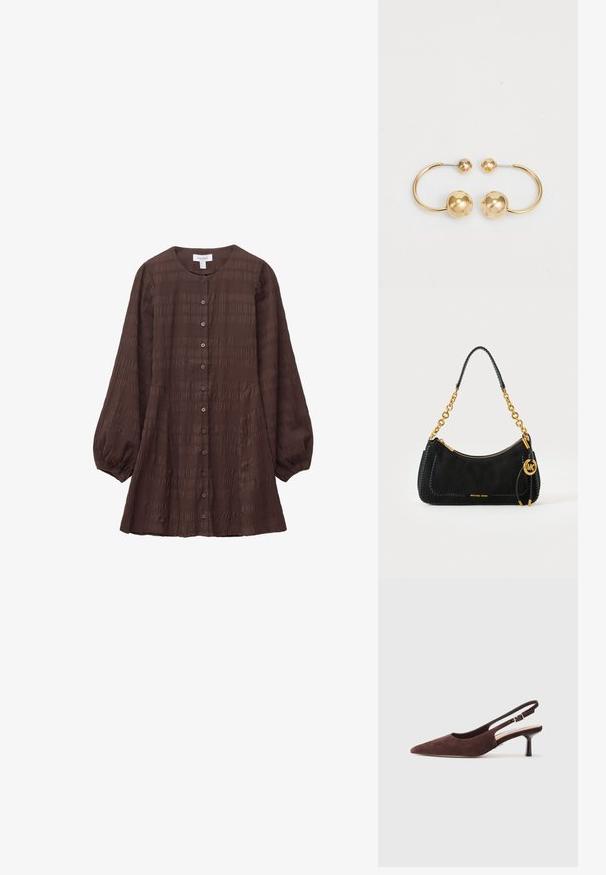 Brun, tekstureret bluse med knaplukning, rund halsudskæring og lange, puffede ærmer. Har vandrette mønstre og sidelommer.; Brune ruskinds slingback sko med spids tå og en slank hæl. Har en justerbar rem med en metalspænde.; Sort Michael Kors håndtaske med guldkæde, lynlåslukning og rundt gyldent MK-logo vedhæng på hvid baggrund.; Guldtonet metaløreringe med et cirkulært design, der har to kugler; en større og tekstureret kugle samt en mindre poleret kugle øverst.