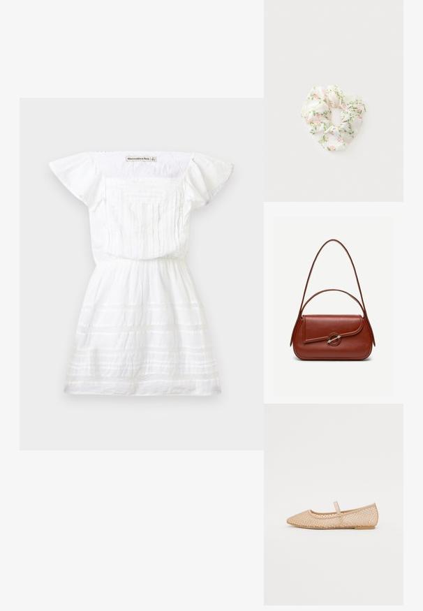 Hvid kjole med korte ærmer, plisseret frontpanel, indsnævret talje og subtile, teksturerede horisontale striber, mærket Abercrombie & Fitch.; Nude mesh ballet flats med spids toe, dekorative rhinestones og en flad sål. Har en lille rem over vristen.; Brun skuldertaske i læder med afrundet rektangulær form, asymmetrisk klap, sølvfarvet rund lukning og to tynde stropper.; Hvid stof scrunchie med pink blomster og grønne blade mønster på en lys baggrund.