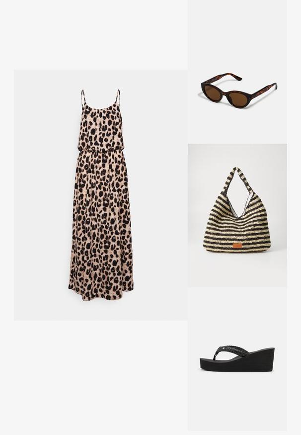 Maxikleid mit Leopardenmuster, Spaghettiträger, tailliertem Bund und fließendem Schnitt, aus leichtem Stoff in Beige und Schwarz gefertigt.; Schwarze Keilsandalen mit einem gewobenen Riemendesign, das eine strukturierte Oberfläche bietet und eine bequeme Plattform hat. Keine sichtbaren Marken oder Verzierungen.; Braune Schildpatt-Sonnenbrille mit einer Vintage-Cat-Eye-Form und braunen Gläsern. Verfügt über gebogene Bügel mit roten Akzenten.; Gestreifte, gewebte Tasche in Schwarz und Beige mit einem lässigen Design, strukturierten Oberflächen und einem kleinen Lederakzent.