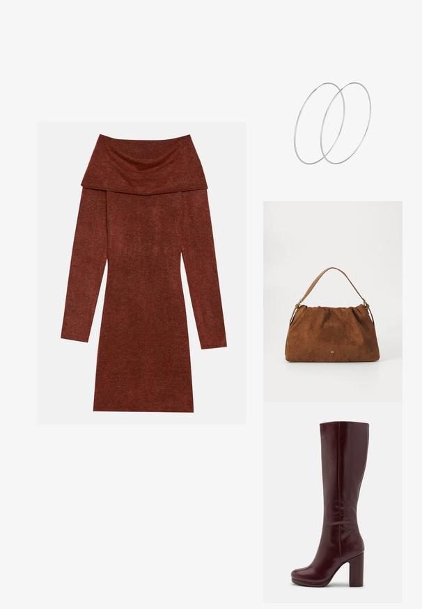 Afdækket skuldre, langærmet kjole i rustfarvet stof; har en draperet halsudskæring med en blød, tekstureret overflade.; Anna Field by Zalando Højhælede støvler - red; Brun ruskind handbag med en samlet design, der har en enkelt tan læderstrop og en subtil guld logo detalje på fronten.; Sølvøreringe med et minimalistisk design. Cirkulær form, glat tekstur og tynd profil. Letvægtige med en poleret overflade.