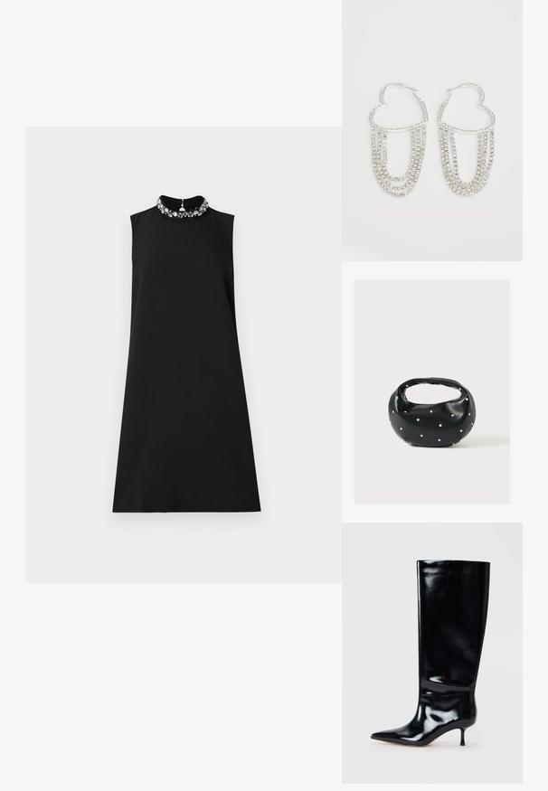 Robe sans manches noire avec un col montant, ornée d'un collier statement en pierres précieuses transparentes et accents métalliques.; Botte en cuir noir hauteur genou avec une finition brillante, bout pointu et talon fin. Texture lisse avec des détails de design minimaux.; Sac à main en cuir noir de forme arrondie, décoré de clous argentés et équipé d'une poignée courte. Texture lisse et fermeture éclair.; Boucles d'oreilles en argent en forme de cœur, ornées de fils tombants de strass transparents pour plus d'éclat et de texture.