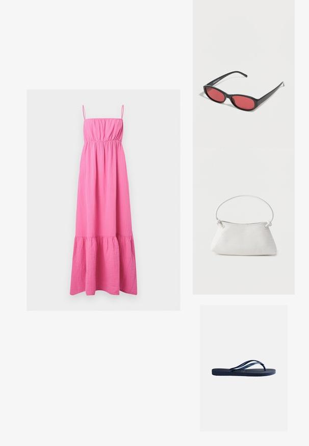 Vestido maxi sin mangas de color rosa brillante con tirantes finos, busto fruncido, cintura ceñida y borde con volantes sobre un fondo claro y liso.; Chancla de goma azul marino con suela texturizada y tiras en forma de Y, aislada sobre fondo liso gris claro.; Gafas de sol ovaladas negras con varillas delgadas y lentes tintados de rojo descansando sobre una superficie blanca.; Bolso de mano de cuero blanco tejido con asa redondeada y extremos de la correa anudados, exhibido sobre un fondo liso.