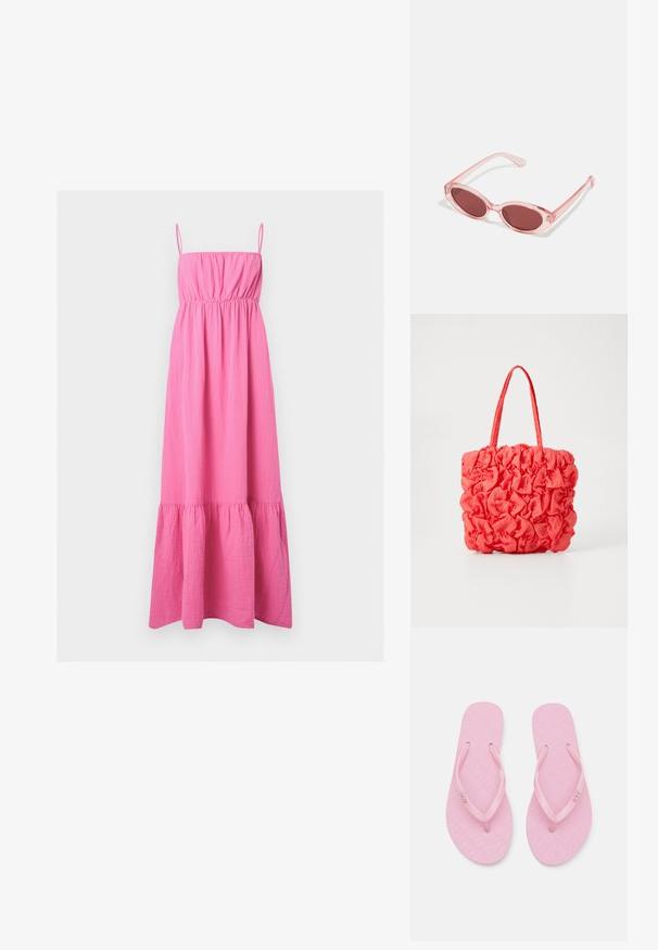 Knallpinken ärmellosen Maxikleid mit dünnen Trägern, geraffter Brustpartie, tailliert und mit Rüschen am Saum vor schlichtem hellem Hintergrund.; Rosa Flip-Flops mit strukturierten Sohlen, dünnen Riemen und Roxy-Branding. Das Design weist ein sich wiederholendes Muster auf der Fußbett auf.; Pink transparente Sonnenbrille mit ovalen Gläsern, dunkler roter Tönung und schlanken Bügeln, ausgestattet mit einer glatten Oberfläche und dezenten Details am Rahmen.; Korallefarbene Tragetasche mit strukturiertem, gerafftem Design. Hergestellt aus weichem Stoff, ausgestattet mit zwei stabilen Griffen und einem geräumigen Innenraum.