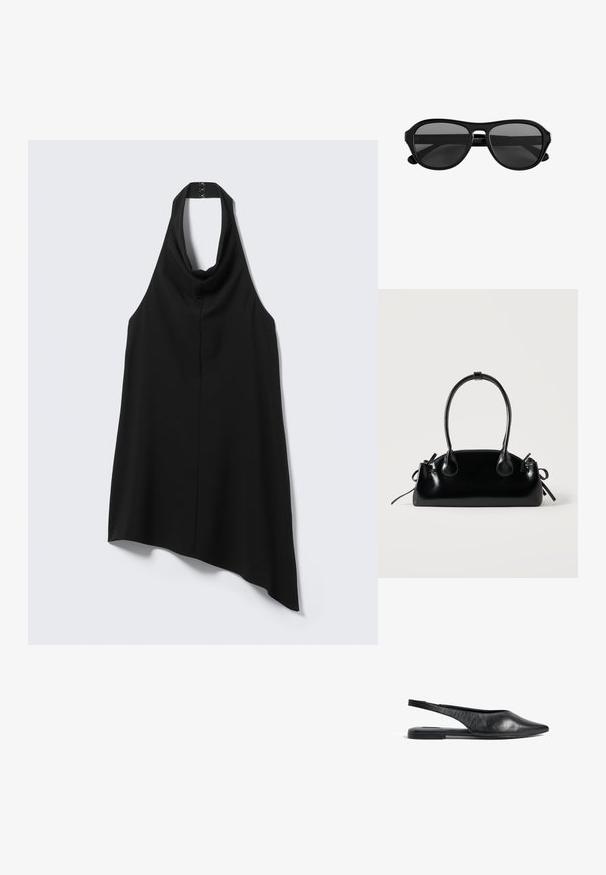 Top halter asimétrico negro con cuello alto y cierre de gancho y ojo en la parte trasera, cayendo más largo en un lado.; Bailarinas de piel negra con tira en el talón y punta afilada, de diseño minimalista. Cuentan con un perfil elegante y un tacón delgado para mayor estabilidad.; Gafas de sol con montura de plástico negra, lentes tintadas oscuras y puente estrecho, mostradas de frente sobre un fondo blanco.; Pequeño bolso negro brillante con dos asas largas y detalles de cordón lateral sobre un fondo claro liso.