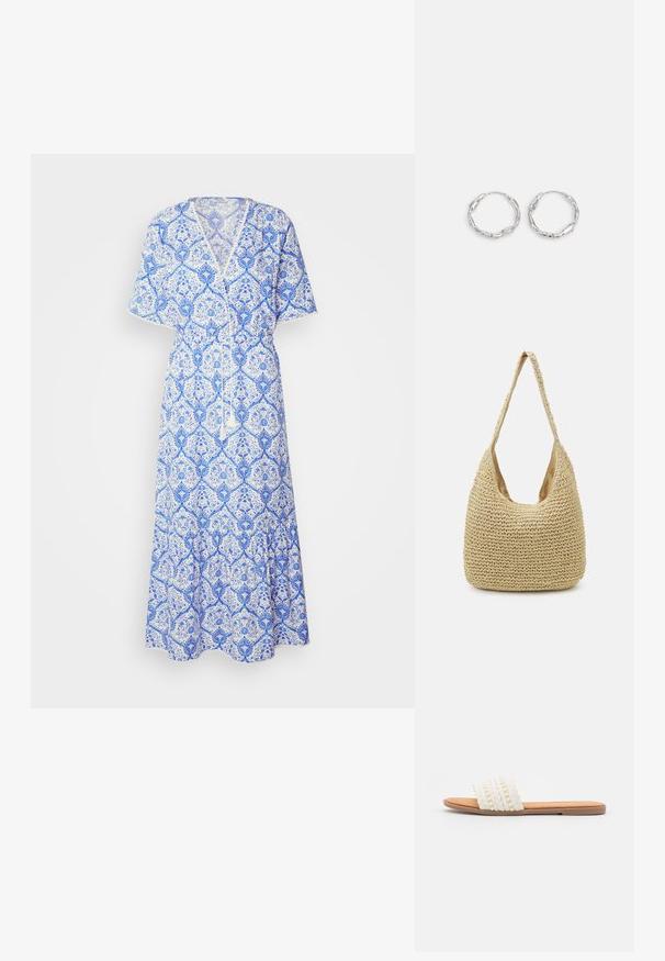 Vestido maxi de estampado azul y blanco con mangas cortas, escote en V, cintura ajustable y dobladillo acampanado. Fabricado con tejido ligero.; Sandalia deslizante blanca tejida con textura trenzada y cuentas decorativas, que cuenta con una plantilla suave en tono marrón y suela plana de goma.; Bolso de paja trenzada en color beige claro, con una correa de hombro curvada y un diseño amplio y abierto en la parte superior con una superficie texturizada.; Pendientes de aro plateados con textura ondulada e irregular. Presentan una forma circular delgada y un acabado reflectante.
