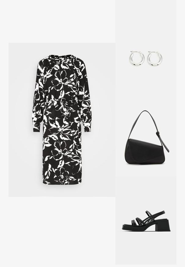 Vero Moda VMPOLLIANA INGE CALF DRESS - Robe de jour - black/polliana; Sandales noires à talons avec plusieurs fines lanières et un large talon carré. Design élégant avec une texture mate. La semelle intérieure a une légère courbure.; Sac à main en cuir noir de forme triangulaire, avec un rabat incliné et une poignée supérieure arrondie. Il présente une texture lisse et des détails de design minimalistes.; Boucles d'oreilles en argent avec une finition polie, présentant une forme circulaire et une fermeture à charnière. Texture lisse avec un minimum de détails.