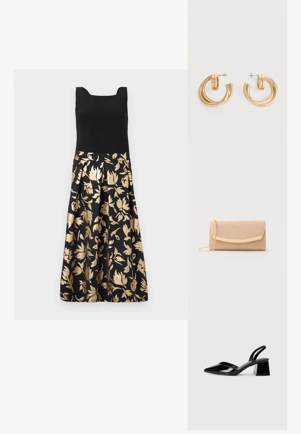 Ærmeløs kjole med en tætsiddende sort krop og plisseret nederdel med gyldne blomsterdekor på sort baggrund.; Sorte patentlæder slingback hæle med spids tå og en geometrisk blok hæl. Har et elegant, minimalistisk design og en glat tekstur.; Beige rektangulær clutch taske med en gylden buet lukning og en tynd gylden kæderem på en lys baggrund.; Par af skinnende gyldne dobbelt loop øreringe med stift-lukning på hvid baggrund.