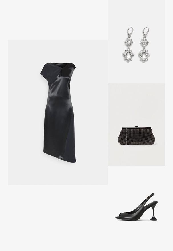 Calvin Klein NAIA SHINE MIDI DRESS - Cocktailkjole / festkjole - black; Sort læder slingback hæl med åben tå, spids form, smal hæl der udvider sig, og en firkantet base. Tekstureret overflade og spænde detaljer.; Sort mesh clutch-taske med en struktureret silhuet, prydet med små metalstuds, har en låsemekanisme og en aftagelig kæderekke.; Sølvfarvede øreringe med flere klare krystalgemstones i dråbe- og marquiseformer, med låse med bøjlestik og detaljeret udsmykning.