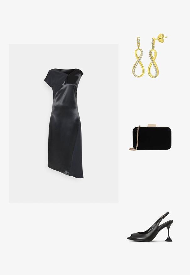 Calvin Klein NAIA SHINE MIDI DRESS - Cocktailkjole / festkjole - black; Sort læder slingback hæl med åben tå, spids form, smal hæl der udvider sig, og en firkantet base. Tekstureret overflade og spænde detaljer.; Sort velour clutch med guldfarvede detaljer, rektangulær form og kædestrop, der har en glat tekstur og ingen synlige mønstre.; Guldtonede øreringe formet som et stiliseret uendelighedssymbol, prydet med klare, rundslibede krystaller langs kanterne. Med stiftlukning.