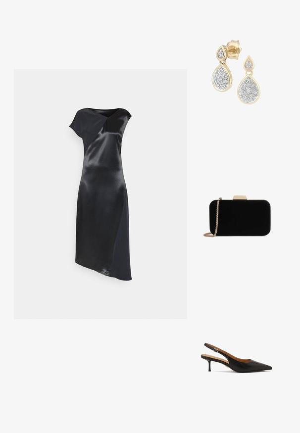 Calvin Klein NAIA SHINE MIDI DRESS - Cocktailkjole / festkjole - black; Sort læder slingback-sko med hæl, spids tå, tynd hæl og justerbar ankrem; glat tekstur og minimal detaljer.; Sort velour clutch med guldfarvede detaljer, rektangulær form og kædestrop, der har en glat tekstur og ingen synlige mønstre.; Dråbeøreringe med en guldramme og sølvdetaljer, prydet med flere små, runde glitrende sten i et dekorativt mønster.
